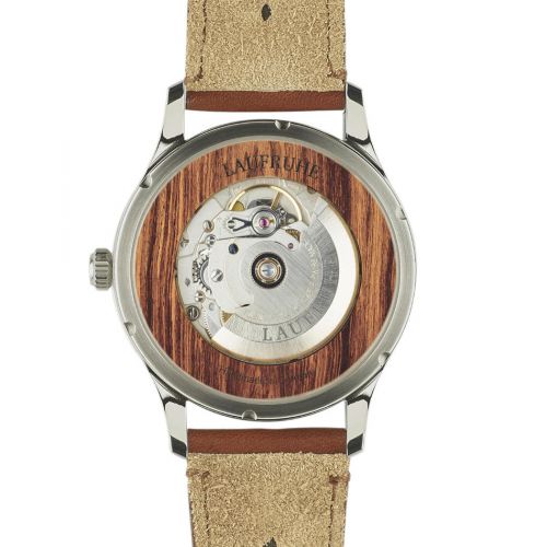 Laufruhe Automatik Herrenarmbanduhr, Modell Compositum, Gehäuse Edelstahl, Holz Palisander, Armband Rindleder braun