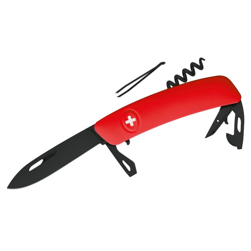 Swiza D03 All Black, Schweizer Taschenmesser, rote Griffschale