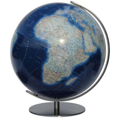COLUMBUS DUO AZZURRO Tischglobus OID-Code, 40 cm, Acryl- oder Kristallglas, handkaschiert, Meridian und Fuß Metall, Edelstahl, matt