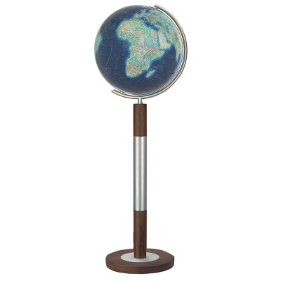 COLUMBUS DUO AZZURRO Standglobus OID-Code, 40cm, Kristallglas mundgeblasen, handkaschiert, Standfuß Wenge/Edelstahl, Meridian Edelstahl