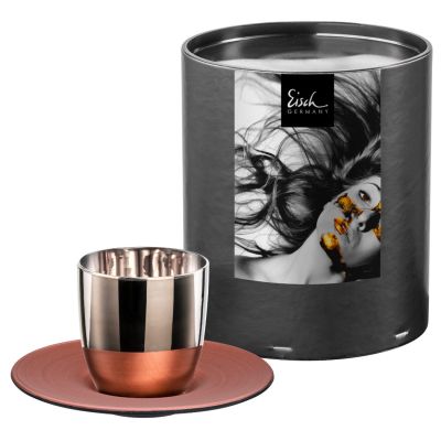 Eisch, Espressoglas mit Untersetzer in Geschenkröhre, Cosmo collect, platinum-copper
