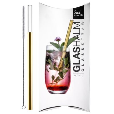 Eisch, Glas-Trinkhalm Gold, Serie 'Gentleman' mit Reinigungsbürste im Geschenkkarton