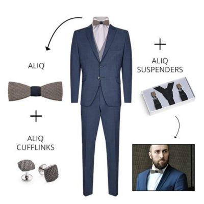 Bewooden, 3er Set, bestehend aus Holzfliege und passende Manschettenknöpfe und Hosenträger