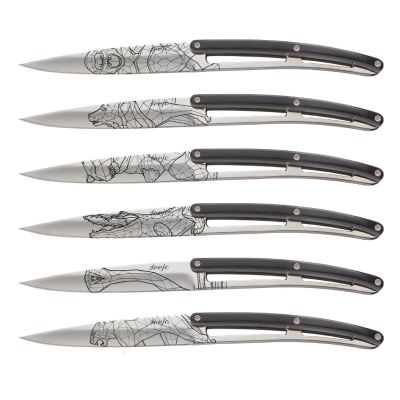 Deejo Luxus 6er Steak- und Tafelmesserset, Richard Orlinski, limitierte Auflage, Griff Ebenholz